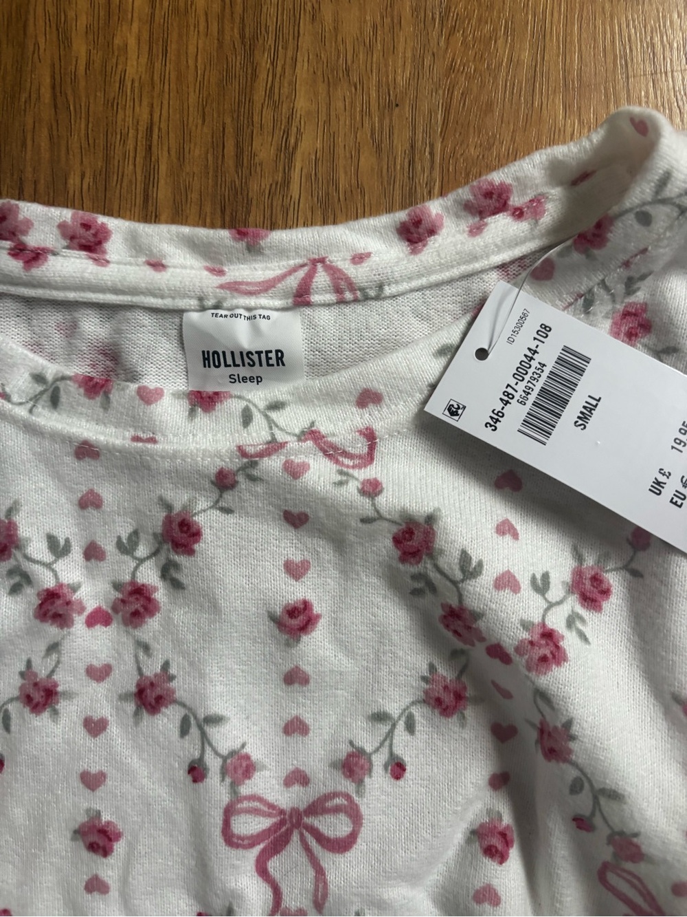 Hollister Kids White Sleep Top with Pink Floral & Heart Print